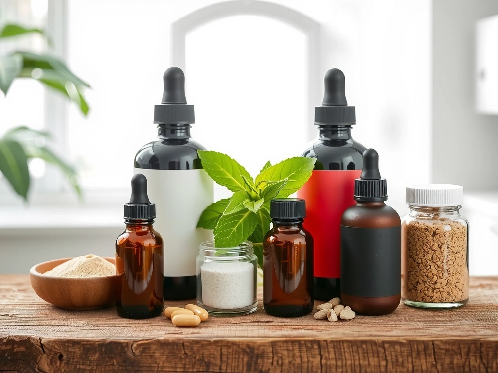 Różne butelki z naturalnymi suplementami i ziołami