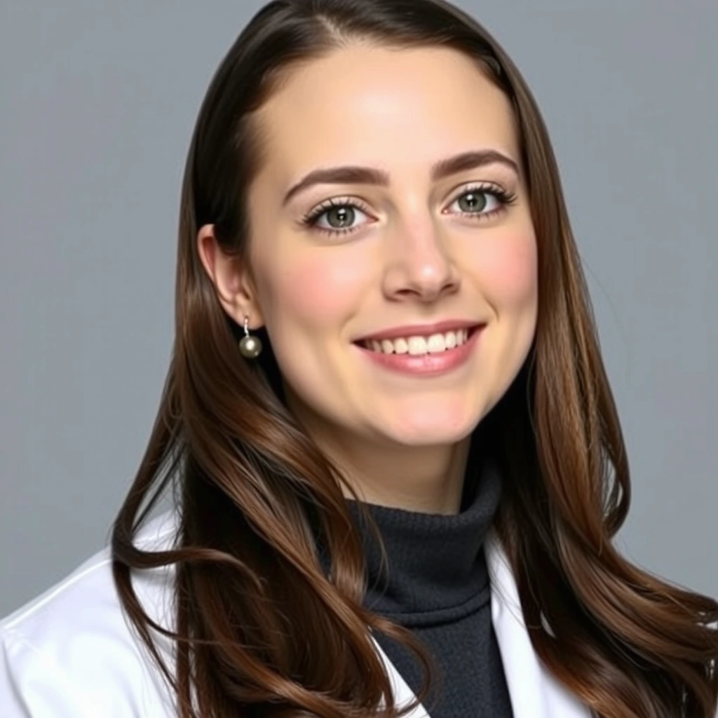 Portret uśmiechniętej dietetyczki w białym fartuchu, symbolizującej wiedzę i profesjonalizm.